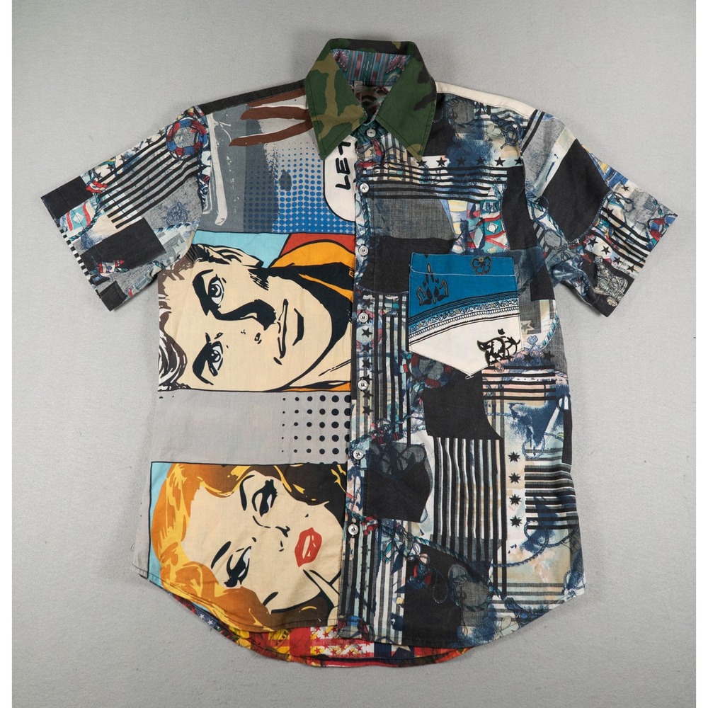 Into Textiles Pop Art Comic Patchwork Button Down Shirt Multi Size M